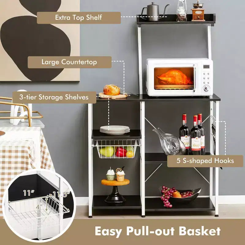Scaffale da Cucina a 4 Ripiani | Porta Microonde | Cestello e 5 Ganci | Capacità 58 kg