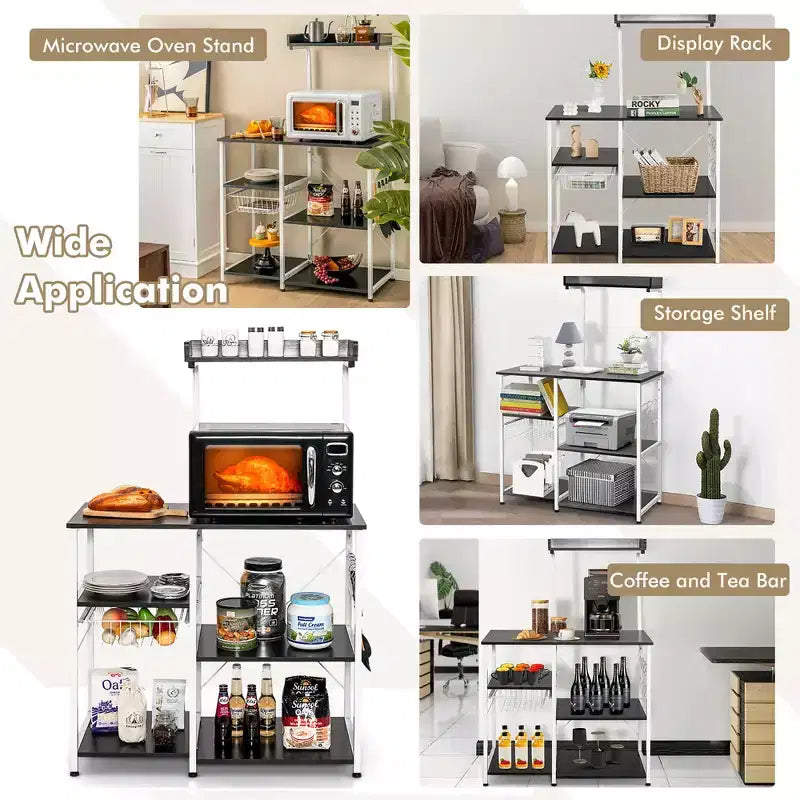 Scaffale da Cucina a 4 Ripiani | Porta Microonde | Cestello e 5 Ganci | Capacità 58 kg