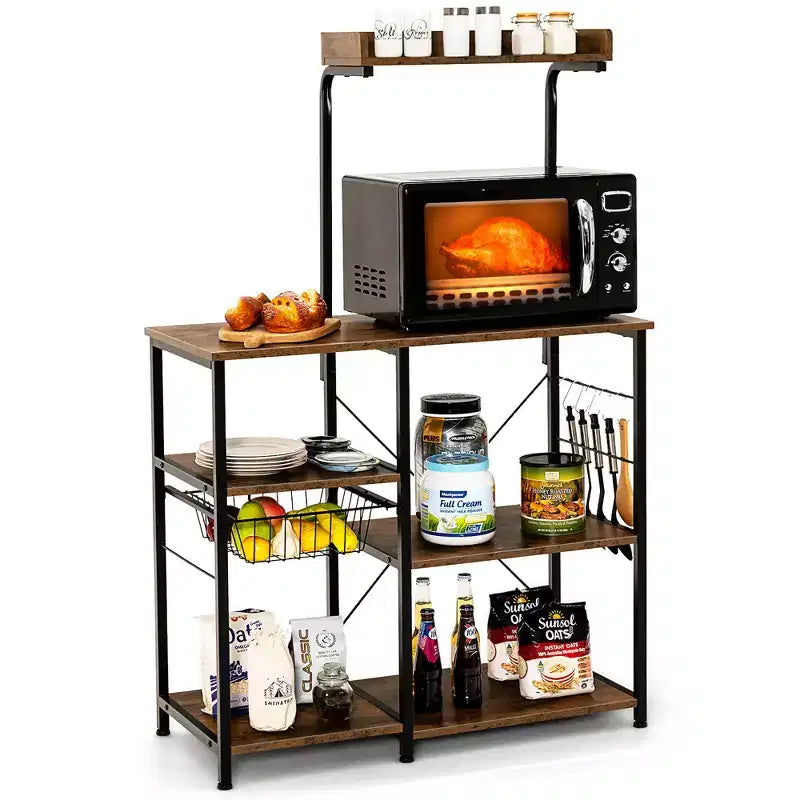 Scaffale da Cucina a 4 Ripiani | Porta Microonde | Cestello e 5 Ganci | Capacità 58 kg