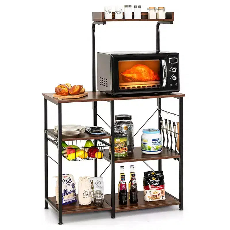 Scaffale da Cucina a 4 Ripiani | Porta Microonde | Cestello e 5 Ganci | Capacità 58 kg