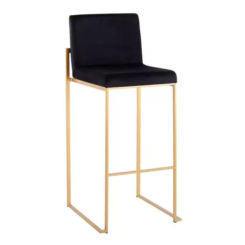 Set di 2 sgabelli da bar alti in velluto con gambe dorate | Struttura in acciaio | Altezza seduta 79 cm